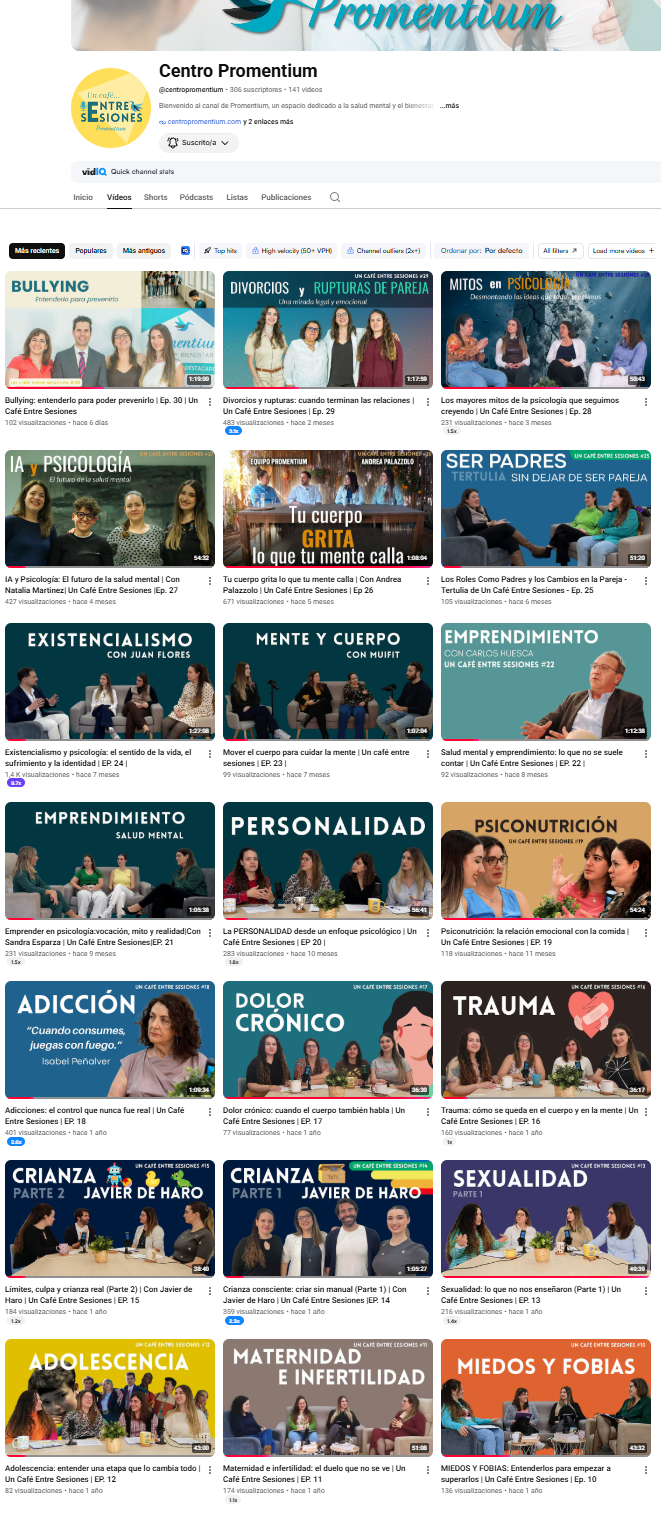 Portada del canal de YouTube de Centro Promentium y episodios de Un café entre sesiones